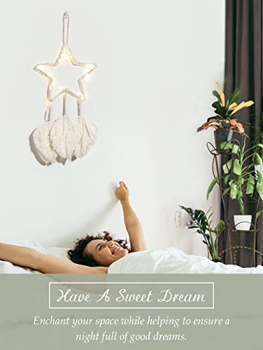Shinowa Łapacz snów w kształcie gwiazdy, bawełniany, tkany, wiszący łapacz snów z łańcuchem świateł, makrama, dekoracja ścienna, artystyczna, kreatywny frędzle, wiszące do domu, boho, ozdoba rzemiosło, beżowy - obrazek 6