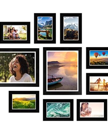 HIGEDI - Nowoczesny zestaw ramek na zdjęcia - 10 x ramka na zdjęcia czarna - nadająca się do recyklingu ramka kolaż - stabilna rama MDF ze szkłem akrylowym - 2 x 28 x 1,2 cm i 8 x 13 x 18 x 1,2 cm - w zestawie haczyk i ściereczka do czyszczenia