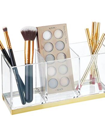 mDesign Pudełko na kosmetyki z 3 przegródkami – Praktyczny organizer na kosmetyki – Plastikowe pudełko na pędzle do makijażu – Przezroczysty/jasny mosiądz