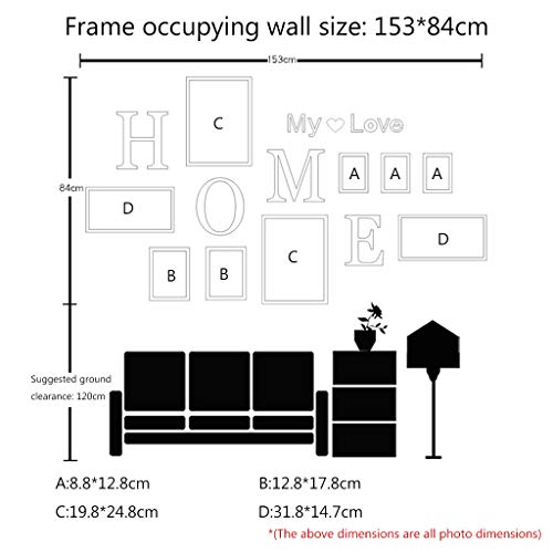 Zestaw 9 ramek na zdjęcia, z literami Home My Love, 4 rozmiary: 3 szt. - 8,8 x 12,8 cm, 2 szt. - 12,8 x 17,8 cm, 2 szt. - 19,8 x 24,8 cm, kreatywna dekoracja ścienna (Kolor: D) ) - obrazek 4