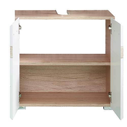 Furnline szafka łazienkowa pod umywalką zestaw jeden biały wysoki połysk, drewno - obrazek 6