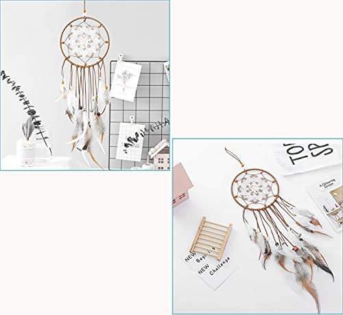 VALAM Biały łapacz snów makrama, ręcznie wykonany, dekoracja boho, mały łapacz snów, prezent w stylu vintage, ręcznie tkana dekoracja pokoju, 55 x 15 cm - obrazek 6
