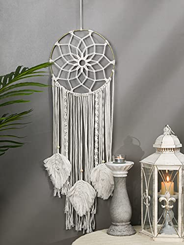 Shinowa Koło łapacz snów, bawełniana tkanina ścienna wiszący księżyc łapacz snów z wróżkami okrągła makrama dekoracja ścienna boho dekoracja kreatywna frędzle dom wiszące boho ozdoba rzemiosło, beżowy - obrazek 2