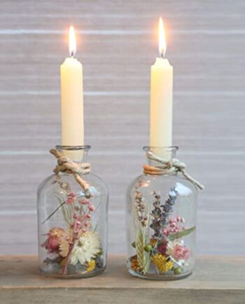 Szklany świecznik z suszonymi kwiatami, zestaw 2 świeczników, dekoracj