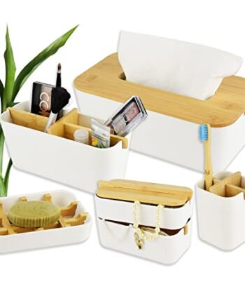 Bambusowy zestaw łazienkowy biały | akcesoria łazienkowe | pudełko na chusteczki kosmetyczne | pudełko na szczoteczki do zębów | pudełko na biżuterię | organizer na kosmetyki | mydelniczka bambusowa | zestaw akcesoriów łazienkowych (zestaw)