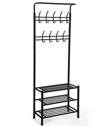 SONGMICS HSR04B wieszak na ubrania z 3 półkami na buty z 18 hakami, metalowy, czarny, 68,8 x 35,2 x 187 cm