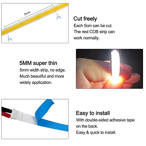 Taśma LED 24 V, szerokość 5 mm, ultra cienka taśma LED COB naturalna biel 4000 K 5 m 480 diod LED/m, łącznie 2400 diod LED, neonowe światło LED, listwa świetlna na imprezę, ladę, regał, do mieszkania - obrazek 4