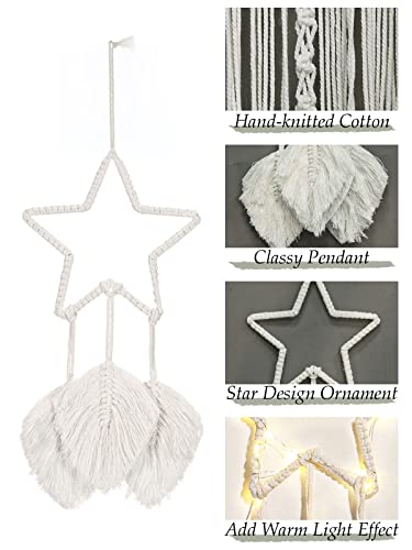 Shinowa Łapacz snów w kształcie gwiazdy, bawełniany, tkany, wiszący łapacz snów z łańcuchem świateł, makrama, dekoracja ścienna, artystyczna, kreatywny frędzle, wiszące do domu, boho, ozdoba rzemiosło, beżowy - obrazek 5