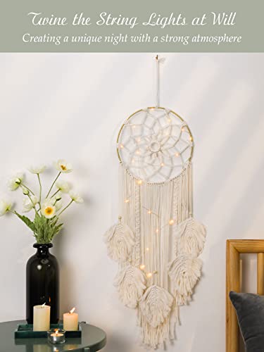 Shinowa Okrągły łapacz snów, bawełna tkana ozdoba ścienna z łańcuchem świetlnym i 5 listkami frędzlami, makrama, dekoracja ścienna, styl boho, w kształcie gwiazdy, łapacz snów, do sypialni, salonu, na wesele, beżowy - obrazek 2