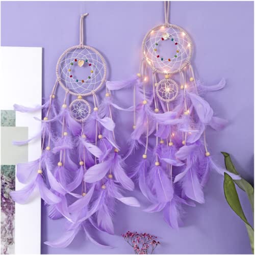 Deyiis Łapacz snów, Dream Catcher, łapacz snów, dekoracja ścienna, łapacz snów z oświetleniem LED, ręcznie wykonany, łapacz snów z perłami, styl boho, sztuka ścienna do sypialni - obrazek 2