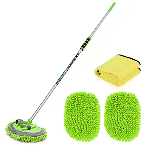 CityMoka Szczotka do mycia samochodu, zestaw do czyszczenia samochodu, 160 cm, mop do mycia samochodu z długim uchwytem, nadaje się do mycia samochodów, ciężarówek, SUV-ów, kamperów, przyczep i sprzątania domu, 3 w 1, szenilowa mikrofibra