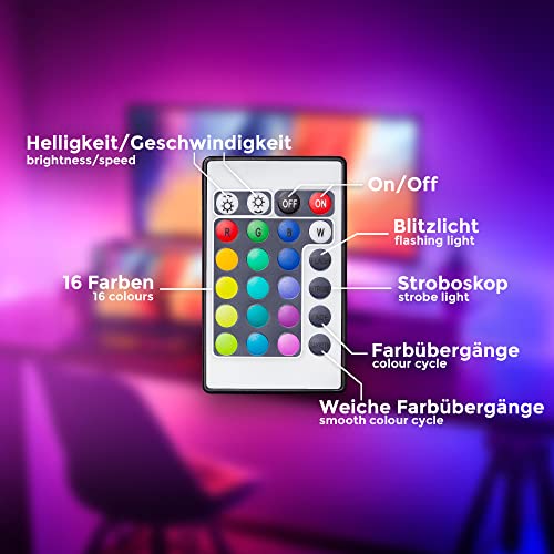 B.K.Licht taśma LED, RGB, ciepła biel, taśma ze zmianą kolorów i pilotem zdalnego sterowania, taśma świetlna, samoprzylepna listwa LED, kolorowy łańcuch świetlny, 5 m - obrazek 4