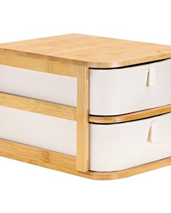 Navaris Szuflady do przechowywania makijażu - bambusowy organizer i kremowe tace z tkaniny - dwupoziomowa jednostka do łazienki, toaletka - dł. 23 x szer. 17,5 x wys. 15 cm