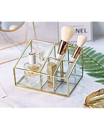 PuTwo Przechowywanie pędzli do makijażu, 5 przegródek, w stylu vintage, złoty z metalu i szkła, organizer na kosmetyki, organizer na lakiery do paznokci, szminki, pędzle kosmetyczne