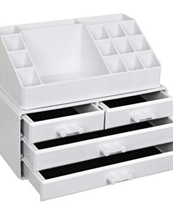 SONGMICS Organizer do makijażu, z 4 szufladami i 16 przegródkami w różnych rozmiarach, antypoślizgowe wkładki, do makijażu i biżuterii, prezent walentynkowy dla niej, biały JKA0010TP
