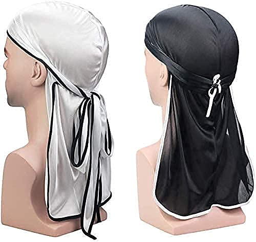 LEEQ Silky Durag długie ogon opaski na głowę szerokie paski czapka pirackie gładka czapka (kolor: zestaw 1, 3 sztuki) - obrazek 6