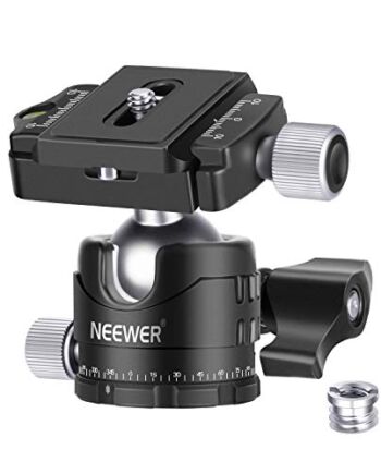 NEEWER Profesjonalna głowica kulowa o niskim profilu 28 mm, obracana o 360 stopni panoramiczna z 2 przyciskami blokującymi, 1/4 cala płyta QR i poziomica do aparatów DSLR, statywów maks. obciążenie 5 kg