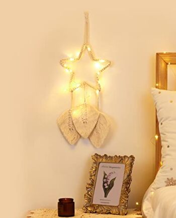 Shinowa Łapacz snów w kształcie gwiazdy, bawełniany, tkany, wiszący łapacz snów z łańcuchem świateł, makrama, dekoracja ścienna, artystyczna, kreatywny frędzle, wiszące do domu, boho, ozdoba rzemiosło, beżowy