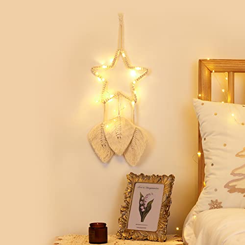 Shinowa Łapacz snów w kształcie gwiazdy, bawełniany, tkany, wiszący łapacz snów z łańcuchem świateł, makrama, dekoracja ścienna, artystyczna, kreatywny frędzle, wiszące do domu, boho, ozdoba rzemiosło, beżowy