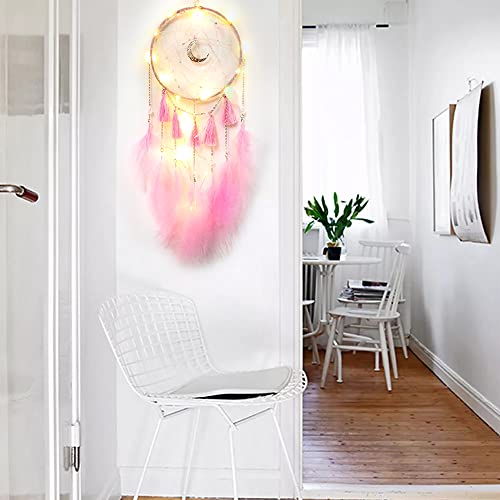 PLCatis Łapacz snów z oświetleniem LED (bez baterii), różowy, łapacz snów, 60 cm, z piórami, piękny łapacz snów, do pokoju dziecięcego, sypialni, przedszkola, dekoracja - obrazek 3