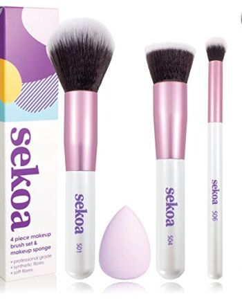 Marka Amazon - zestaw pędzli do makijażu Sekoa i gąbka do makijażu, kompletny zestaw niezbędnych damskich pędzli do makijażu, puder/róż, podkładu, korektora, mieszania oczu i gąbki do mieszania podkładu