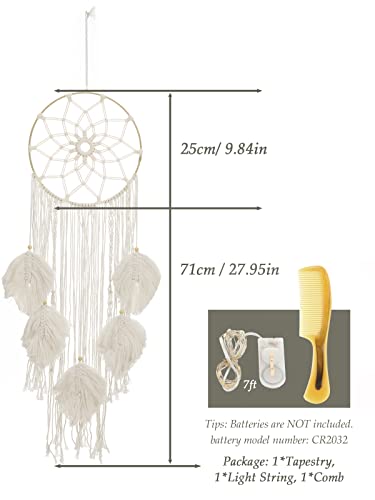 Shinowa Okrągły łapacz snów, bawełna tkana ozdoba ścienna z łańcuchem świetlnym i 5 listkami frędzlami, makrama, dekoracja ścienna, styl boho, w kształcie gwiazdy, łapacz snów, do sypialni, salonu, na wesele, beżowy - obrazek 3