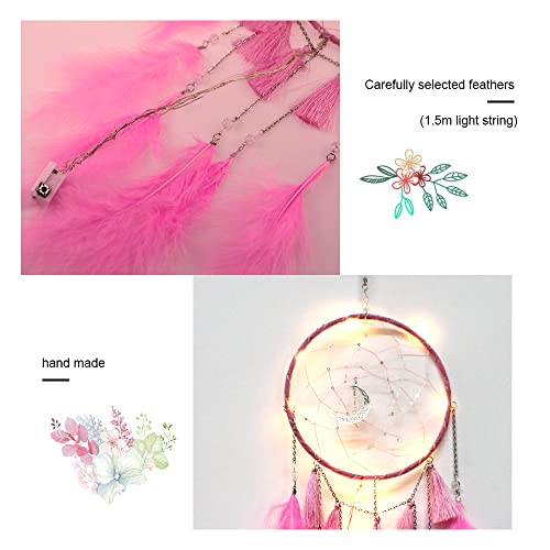 PLCatis Łapacz snów z oświetleniem LED (bez baterii), różowy, łapacz snów, 60 cm, z piórami, piękny łapacz snów, do pokoju dziecięcego, sypialni, przedszkola, dekoracja - obrazek 5