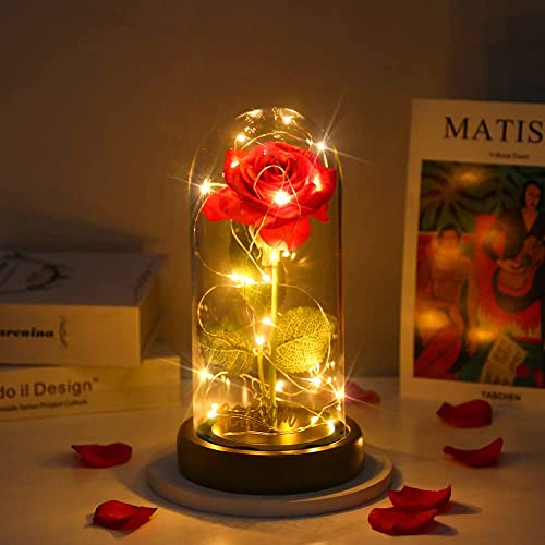 PIQIUQIU Świeczki LED "Piękna i Bestia" w szklanej kopule, zestaw róży wiecznej z jedwabiu, romantyczny prezent dla kobiet, na Boże Narodzenie, Walentynki, urodziny, wesele, rocznicę - obrazek 6
