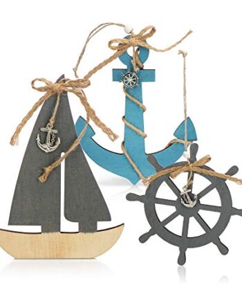 COM-FOUR® 3 x dekoracja wisząca z łodzią, drewnianą kierownicą i kotwi