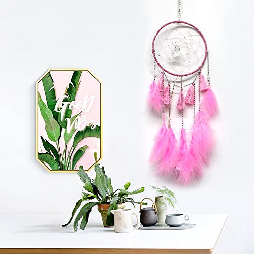 PLCatis Łapacz snów z oświetleniem LED (bez baterii), różowy, łapacz snów, 60 cm, z piórami, piękny łapacz snów, do pokoju dziecięcego, sypialni, przedszkola, dekoracja - obrazek 2