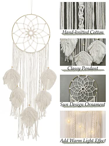 Shinowa Okrągły łapacz snów, bawełna tkana ozdoba ścienna z łańcuchem świetlnym i 5 listkami frędzlami, makrama, dekoracja ścienna, styl boho, w kształcie gwiazdy, łapacz snów, do sypialni, salonu, na wesele, beżowy - obrazek 5