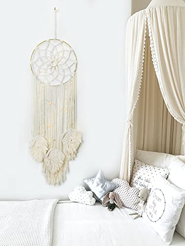 Shinowa Koło łapacz snów, bawełniana tkanina ścienna wiszący księżyc łapacz snów z wróżkami okrągła makrama dekoracja ścienna boho dekoracja kreatywna frędzle dom wiszące boho ozdoba rzemiosło, beżowy - obrazek 3