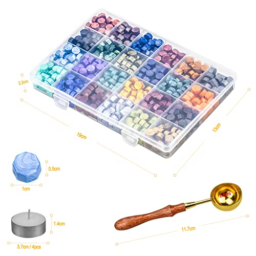 Zestaw 600 sztuk pereł z wosku pieczęciowego w stylu vintage, kolorowe uszczelki, perełki, 24 kolory, zestaw pieczęci z woskiem ośmiokątnym, z 4 świeczkami i 1 łyżką do topienia wosku, stempli, listów, zaproszeń ślubnych, kartek - obrazek 9