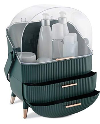 Navaris Organizer do makijażu - pudełko do przechowywania kosmetyków, pielęgnacji skóry i urody z przezroczystą pokrywką i 2 szufladami - blat łazienkowy lub toaletka - zielony
