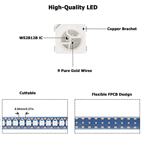YUNBO WS2812B adresowalna taśma LED 1 m 144 pikseli, RGB 5050 SMD 5 V czarna płytka drukowana (PCB), IP67, wodoodporna, możliwość przycięcia, inteligentne elastyczne oświetlenie LED - obrazek 8
