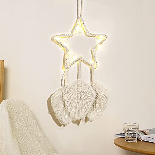 Shinowa Łapacz snów w kształcie gwiazdy, bawełniany, tkany, wiszący łapacz snów z łańcuchem świateł, makrama, dekoracja ścienna, artystyczna, kreatywny frędzle, wiszące do domu, boho, ozdoba rzemiosło, beżowy - obrazek 2