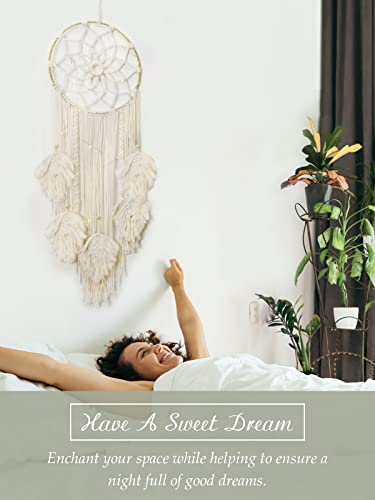 Shinowa Okrągły łapacz snów, bawełna tkana ozdoba ścienna z łańcuchem świetlnym i 5 listkami frędzlami, makrama, dekoracja ścienna, styl boho, w kształcie gwiazdy, łapacz snów, do sypialni, salonu, na wesele, beżowy - obrazek 6