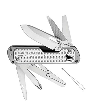 Leatherman FREE T4 488955 - Narzędzie kempingowe i do codziennego majsterkowania wykonane w USA zawiera 12 wbudowanych narzędzi, blokadę, śrubokręty i otwieracz do butelek