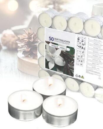 Candelo zestaw 50 wysokiej jakości świeczek typu tealight Ambiente – podgrzewacze o zapachu wanilii w kolorze białym – aluminiowa osłona – 1,5 x 3,8 cm każda świeczka – czas palenia 4 godziny