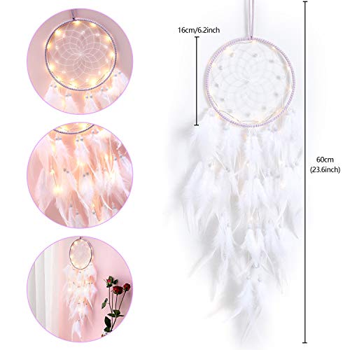 Hongyans Łapacz snów z oświetleniem LED, ręcznie wykonany, łapacz snów z piórami, dekoracja do sypialni, na wesele, ozdoba na ścianę, ornament, dla dziewczynek, dzieci, prezent - obrazek 6