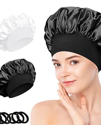Satynowa czapka do spania, 2 szt., jedwabna czapka nocna, bonnet, regulowana do spania, pielęgnacja włosów, główne zastosowanie dla kobiet i dziewcząt, kręcone włosy, kolor czarny i biały