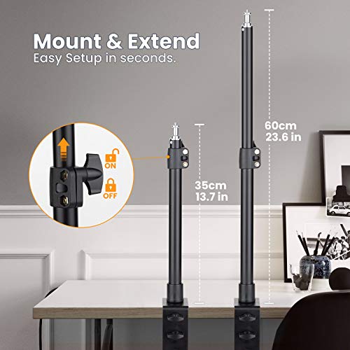 TARION Stojak na lampę stołową stojak na kamerę, 35-60 cm regulowany uchwyt na stół oświetlenie monopod z 1/4 Scew i dodatkową głowicą kulową 360°, do zdjęć na żywo - obrazek 6