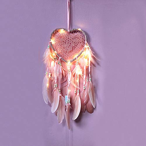 RAILONCH łapacz snów w stylu boho, w kształcie serca, ręcznie wykonany, lampa LED, ozdoba na ścianę, romantyczna dekoracja (kolor różowy, ze światłami) - obrazek 4