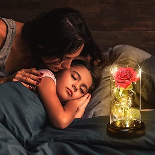 PIQIUQIU Świeczki LED "Piękna i Bestia" w szklanej kopule, zestaw róży wiecznej z jedwabiu, romantyczny prezent dla kobiet, na Boże Narodzenie, Walentynki, urodziny, wesele, rocznicę - obrazek 3