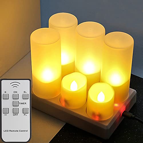 6 świeczek LED do ponownego ładowania, z pilotem zdalnego sterowania, timerem, możliwość ponownego ładowania, ze stacją ładującą, filiżanki ciepła biel, możliwość ściemniania, dekoracja do wnętrz i na zewnątrz, Boże Narodzenie, Halloween, imprezę, wesele