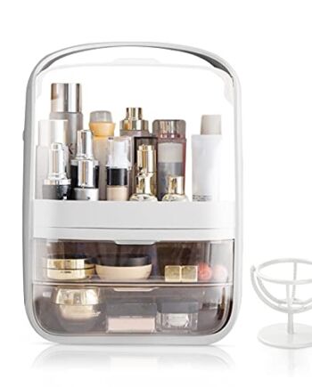 Galatée Przenośne pudełko do przechowywania kosmetyków, z pokrywą chroniącą przed wnikaniem pyłu, organizer na kosmetyki z 2 szufladami i uchwytem do noszenia, szufladą na kosmetyki, obracane o 180°, kolor biały
