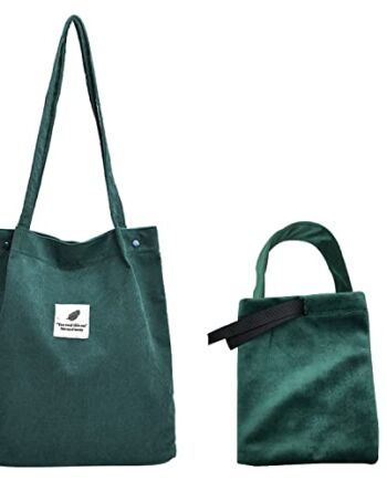 1 biała torba na ramię z 1 zieloną torbą na ramię, modna płócienna torba ze sztruksu, duża pojemność, na co dzień, do biura, w podróży (biała)