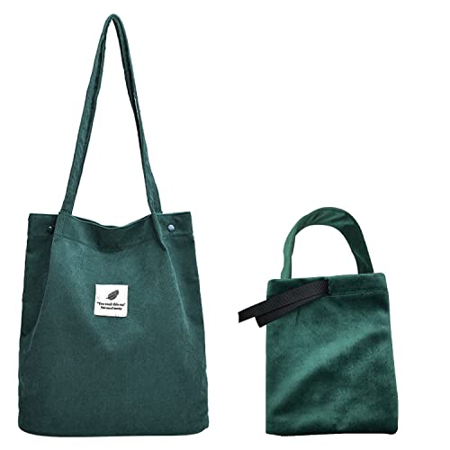 1 biała torba na ramię z 1 zieloną torbą na ramię, modna płócienna torba ze sztruksu, duża pojemność, na co dzień, do biura, w podróży (biała)