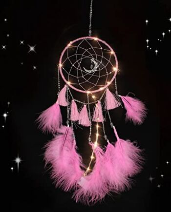 PLCatis Łapacz snów z oświetleniem LED (bez baterii), różowy, łapacz snów, 60 cm, z piórami, piękny łapacz snów, do pokoju dziecięcego, sypialni, przedszkola, dekoracja