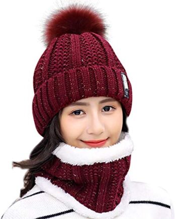 HIDARLING Zimowa czapka beanie i okrągły szalik zestaw dla kobiet ciepła dzianinowa czapka ze sztucznym futrem pomponem i podszewką z polaru, czapki sportowe na świeżym powietrzu